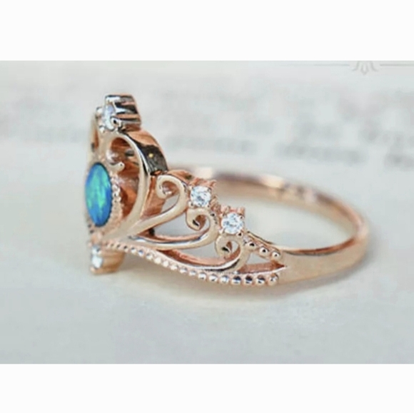 New 2pc 18K Rose Gold Plated Blue Fire Opal White Topaz Crown & Band Set. - Picture 3 of 11